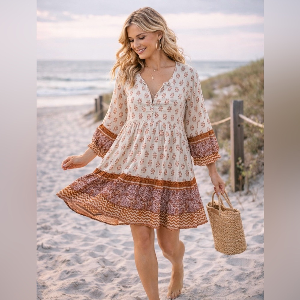 Boho Cream & Rust Print Tiered Mini Dress | Beachy Flowy Peasant Style